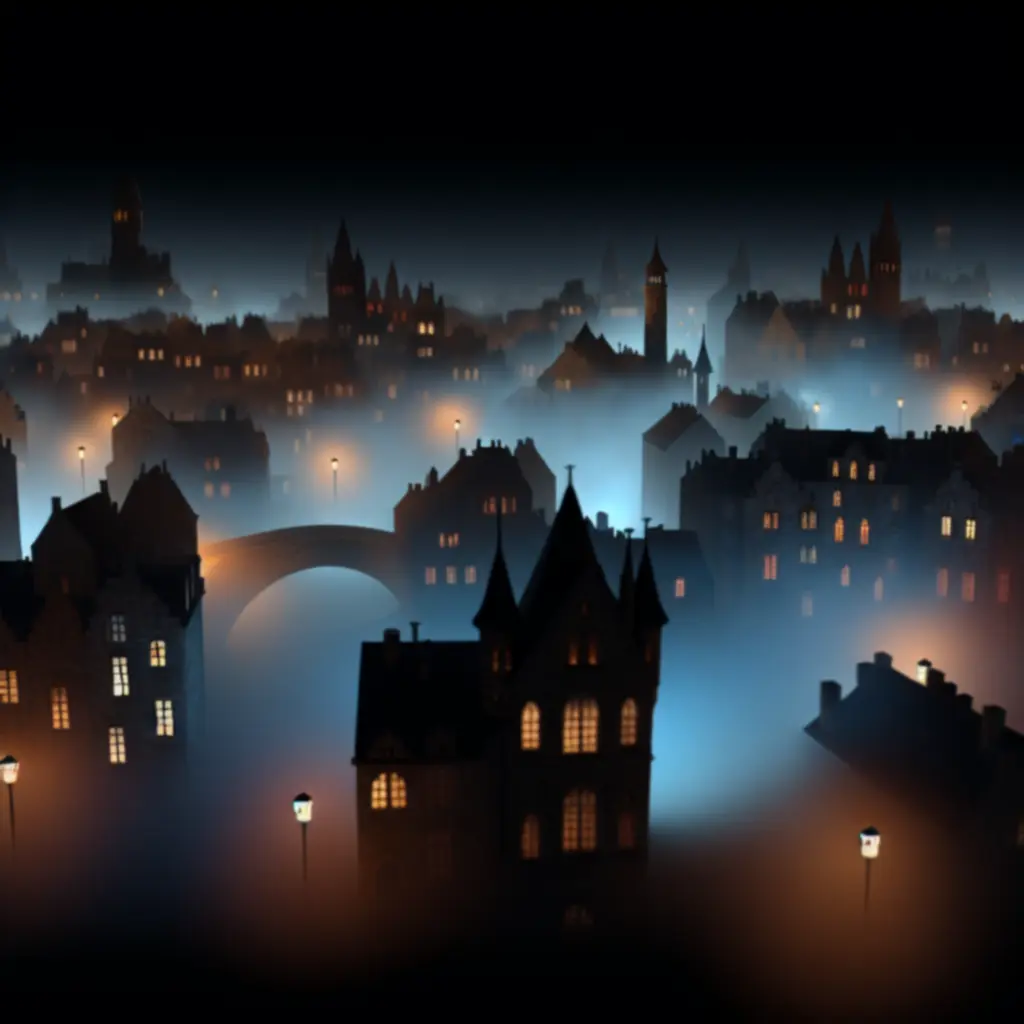 Nocna panorama Arkham oświetlona latarniami i mgłą.